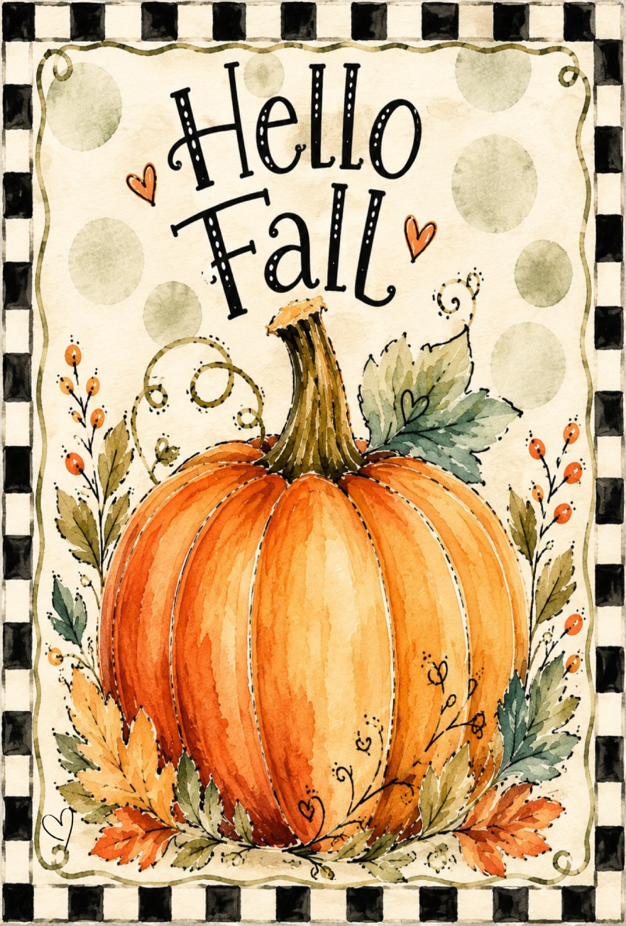 SPRINKLED WITH HEARTS HELLO FALL ORANGE PUMPKIN BLACK WHITE BORDER