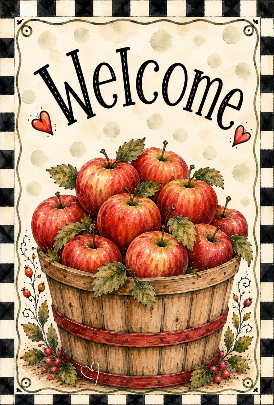 SPRINKLED WITH HEARTS BASKET FULL OF APPLES WELCOME