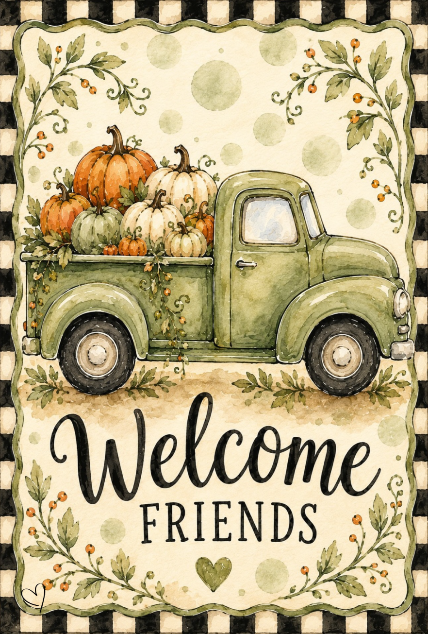 SPRINKLED WITH HEARTS OLIVE GREEN TRUCK WITH PUMPKINS IN BACK WELCOME FRIENDS