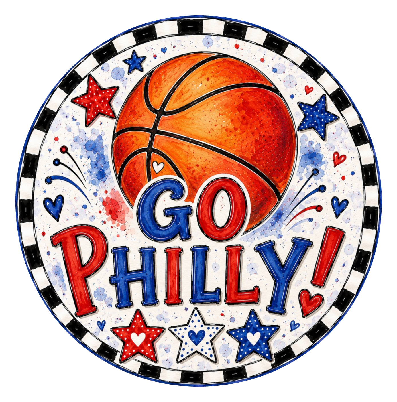 SPRINKLED WITH HEARTS GO PHILLY RED WHITE BLUE WITH BASKEBALL