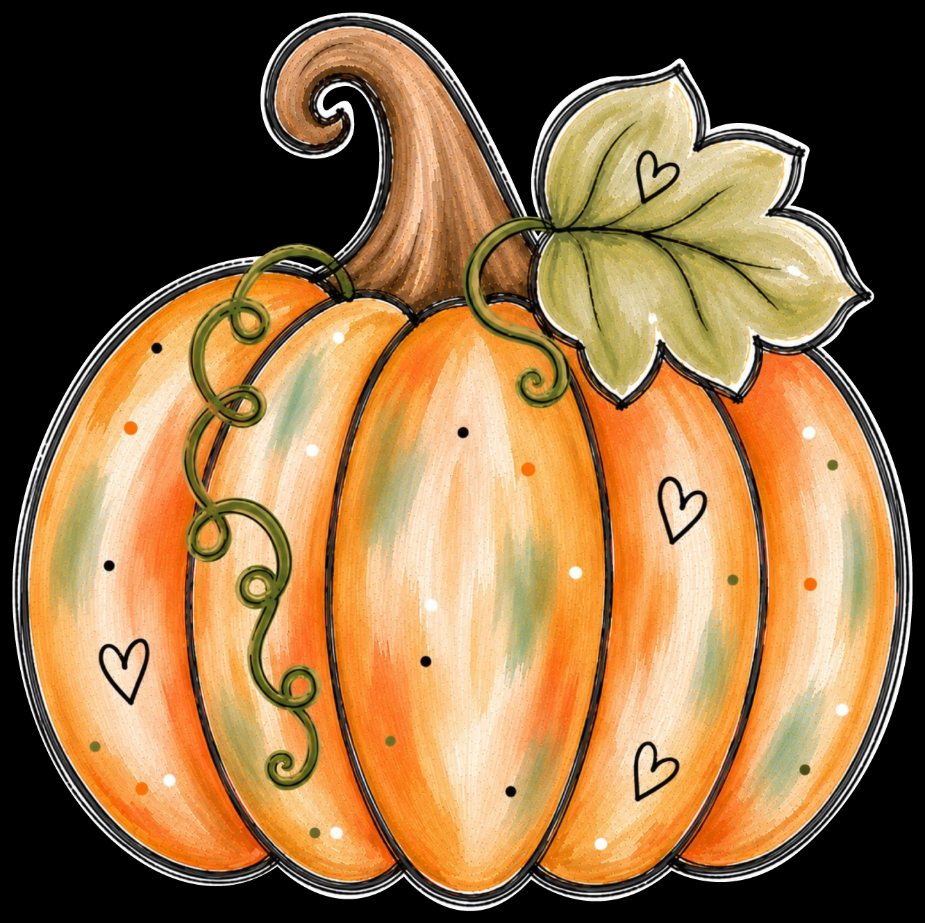 SPRINKLED WITH HEARTS PUMPKIN ORNAGE HINTS OF GREEN AND GREEN LEAF