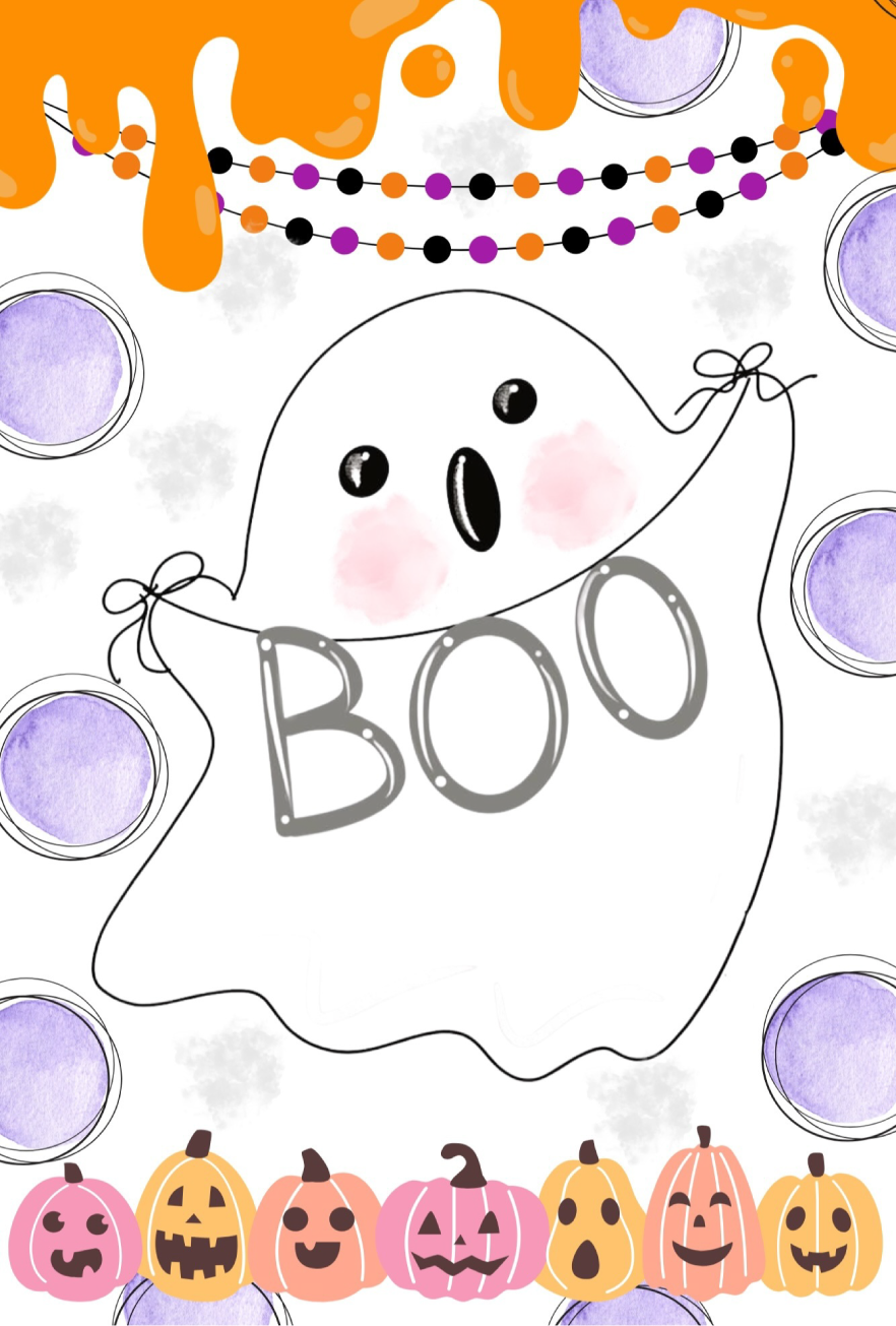 SPRINKLED WITH HEARTS GHOST WITH BOO ORANGE AT TOP AND PURPLE CIRCLES