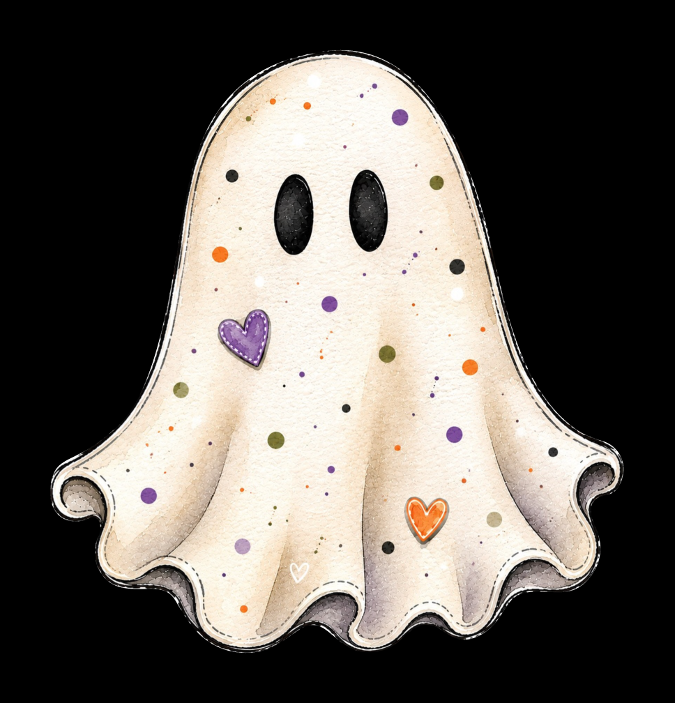 SPRINKLED WITH HEARTS GHOST WITH PURPLE ORANGE HEARTS AND COLOFUL DOTS