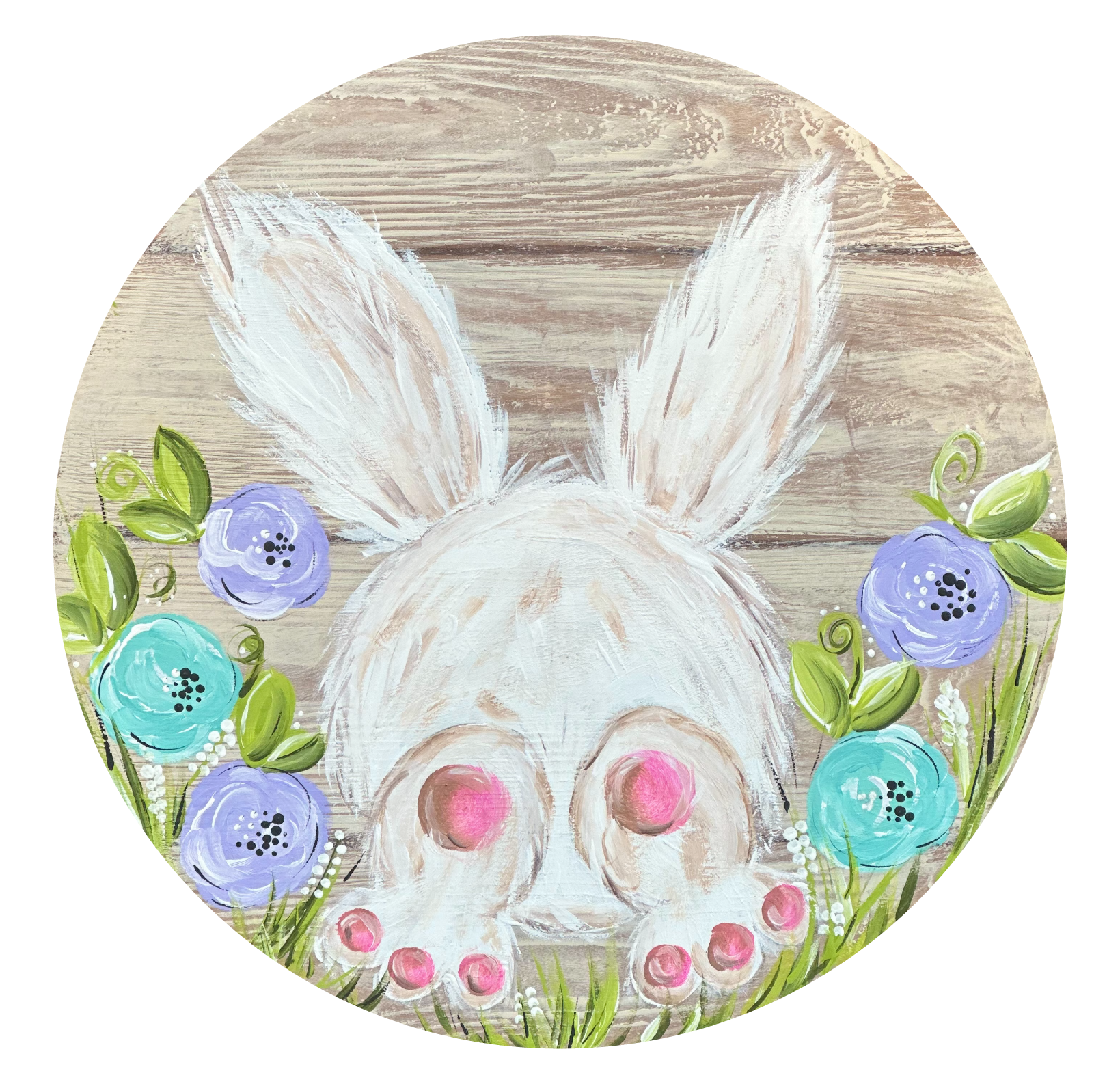 SPRINKLED WITH HEARTS CIRCLE WITH WHITE RABBIT BLUE AND PURPLE FLOWERS