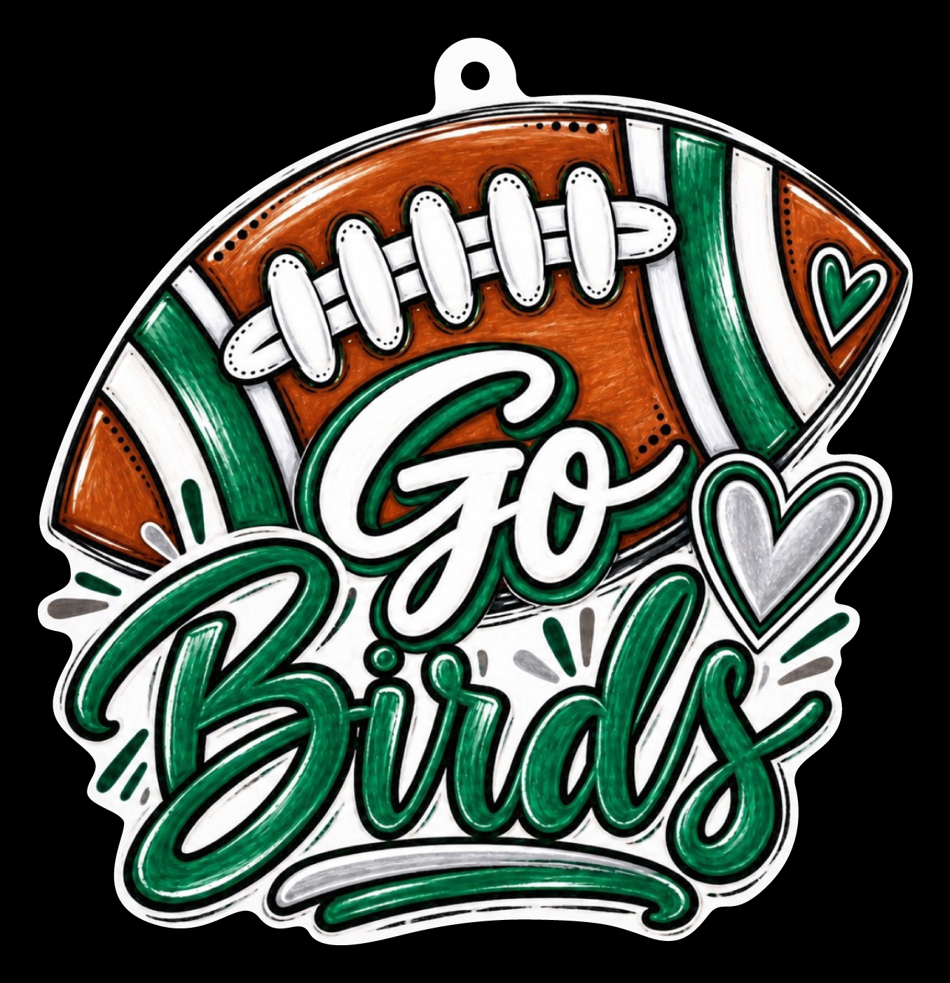 SPRINKLED WITH HEARTS FOOTBALL GREEN AND WHITE GO BIRDS GREEN HEART