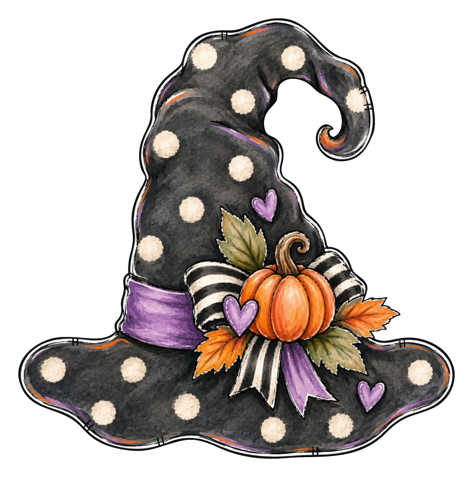 SPRINKLED WITH HEARTS BLACK WITCHES HAT WITH WHITE DOTS PURPLE ORANGE PUMPKINS BLACK AND WHITE BOW