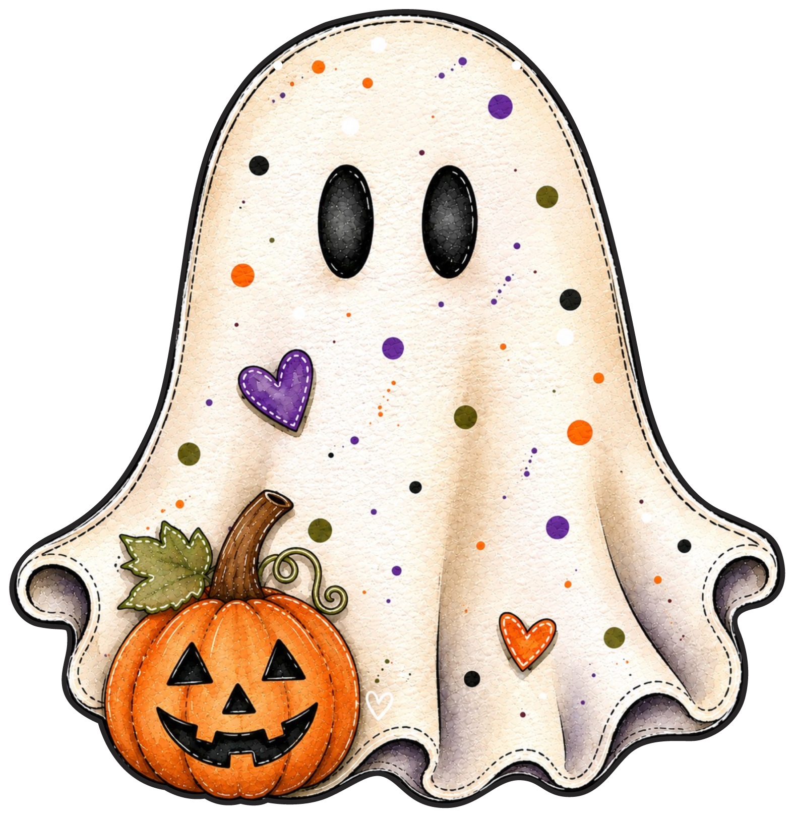 SPRINKLED WITH HEARTS GHOST WITH PURPLE HEART ORANGE HEART AND ORANGE JACK-O-LANTERN