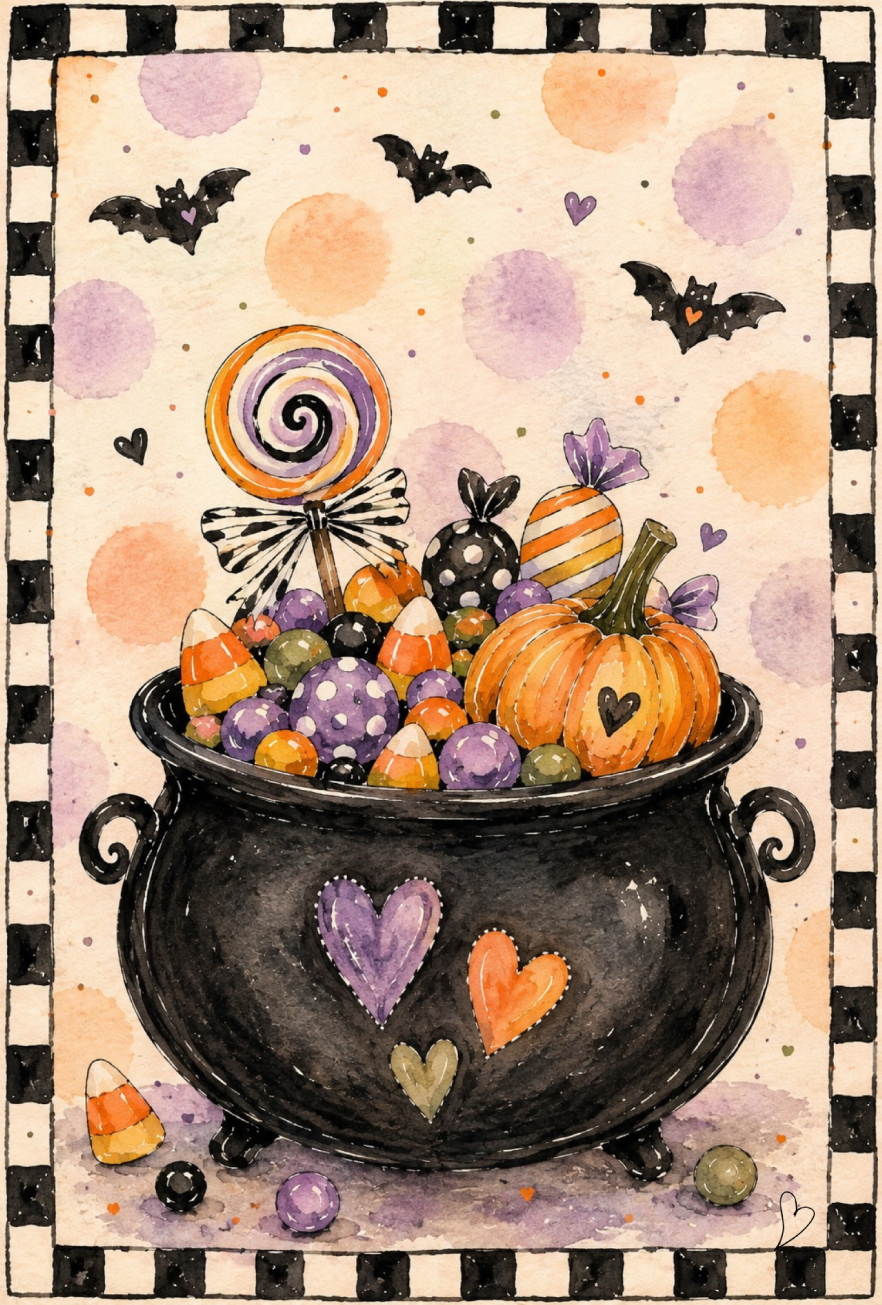 SPRINKLED WITH HEARTS BLACK CAULDRON WITH PUMPKIN AND CANDY AND BATS
