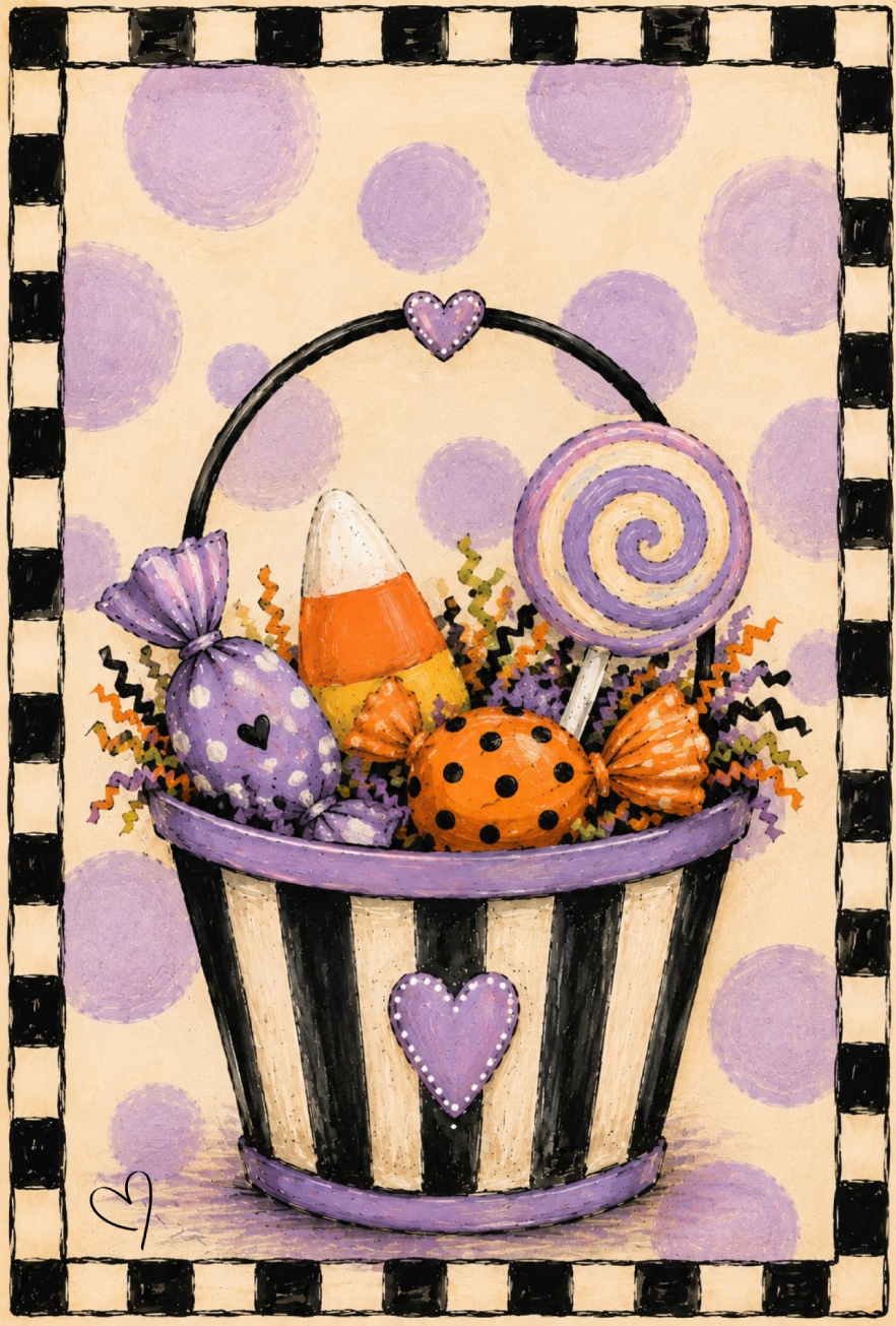 SPRINKLED WITH HEARTS CREAM WITH PURPLE CIRCLES BLACK WHITE CANDY BUCKET WITH CANDY