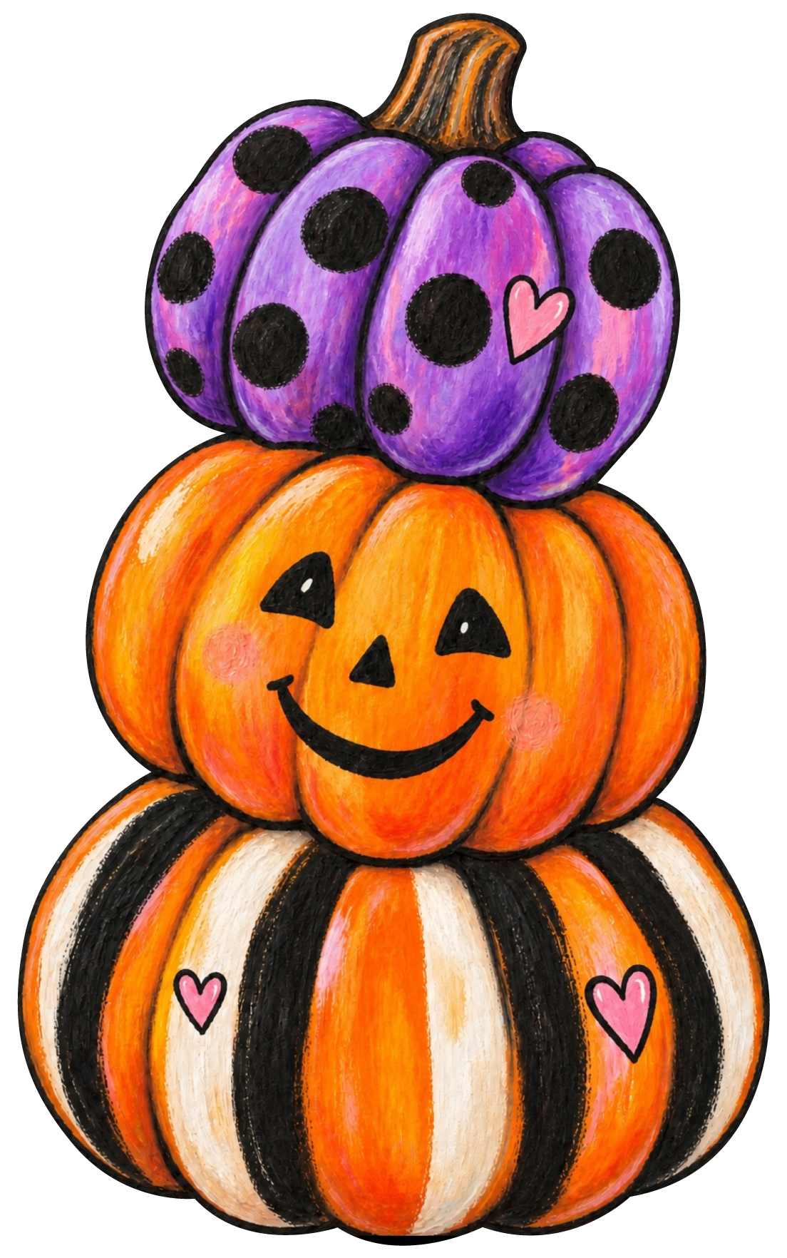 SPRINKLED WITH HEARTS THREE PUMPKINS STACKED ORANGE BLACK WHITE PURPLE  2 PINK HEARTS
