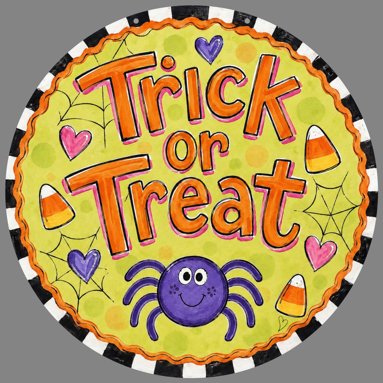 SPRINKLED WITH HEARTS  ROUND TRICK OR TREAT HALLOWEEN CANDY AND SPIDER