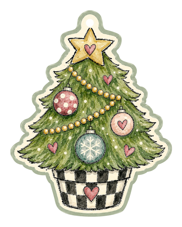 SPRINKLED WITH HEARTS CHRISTMAS TREE WITH BLUE AND PINK ORNAMENTS BLACK AND WHITE BASE WITH RED HEART