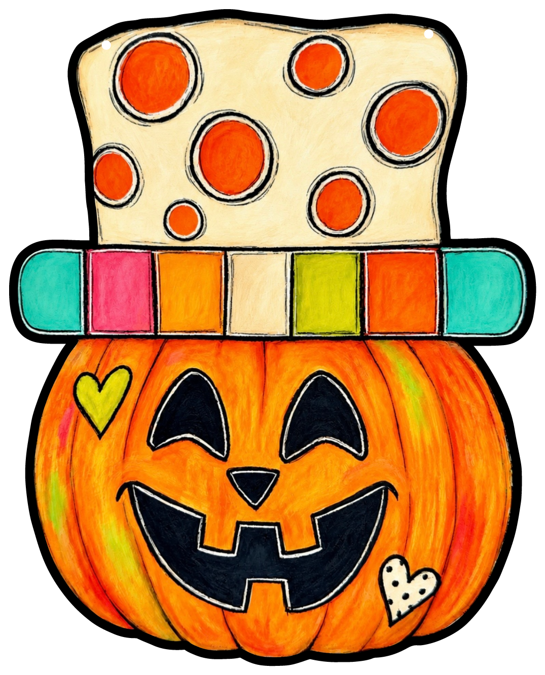 SPRINKLED WITH HEARTS JACK-O-LANTERN WITH COLORFUL HAT AND RED CIRCLES