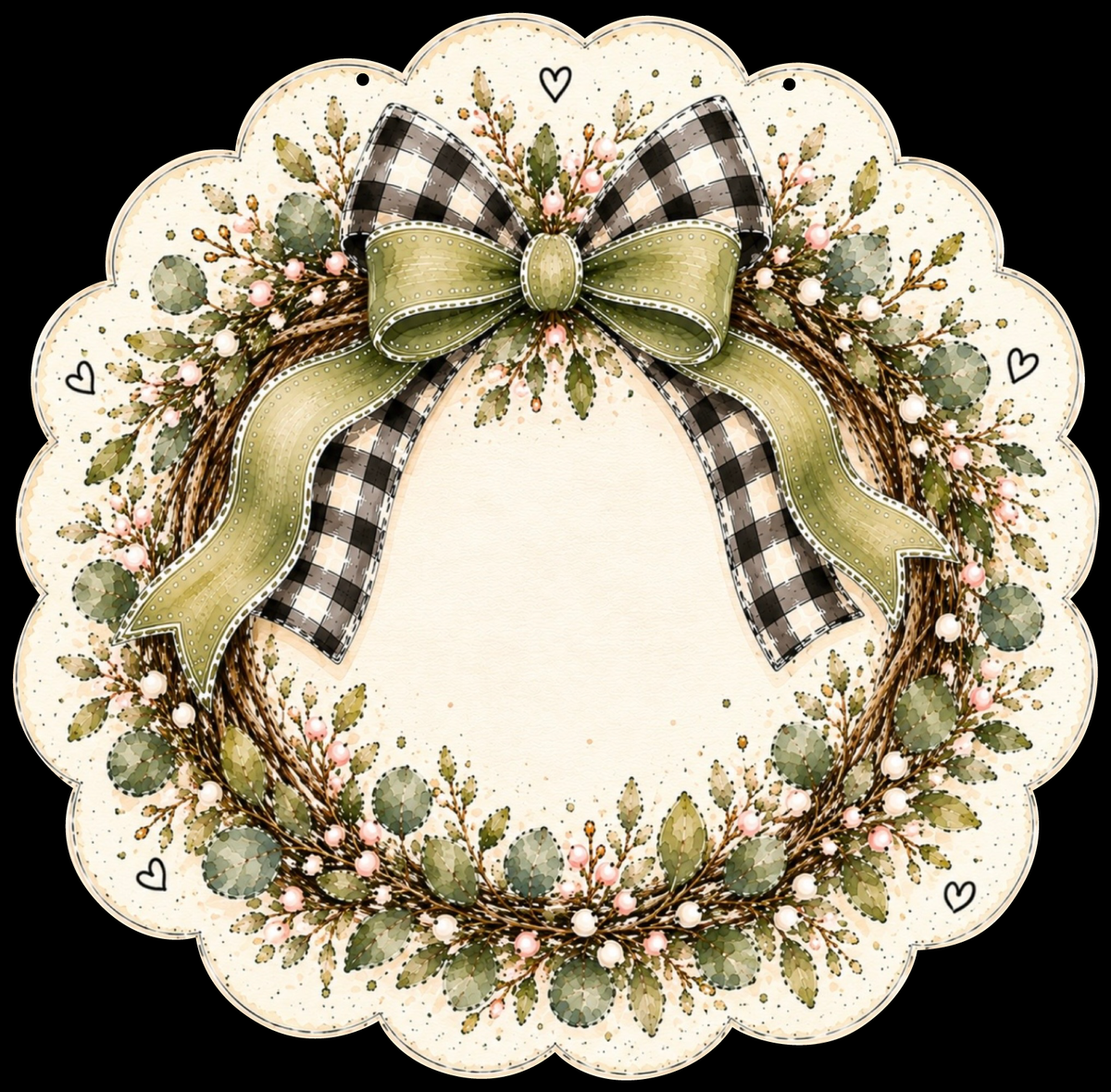 SPRINKLED WITH HEARTS SCALLOPED ROUND WITH GREEN BROWN CREAM WREATH GREEN BLACK AND WHITE BOW