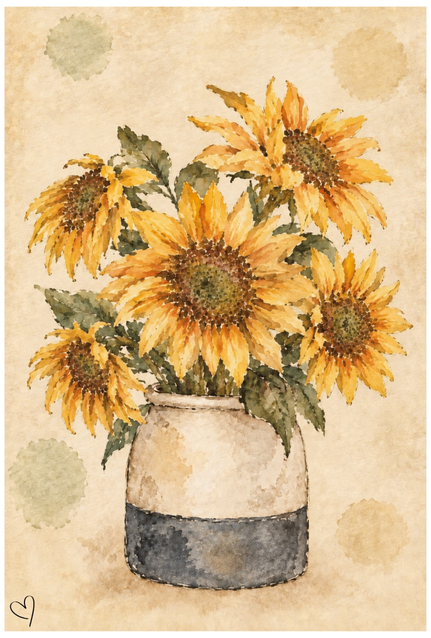 SPRINKLED WITH HEARTS SUNFLOWERS IN A GRAY AND WHITE POT