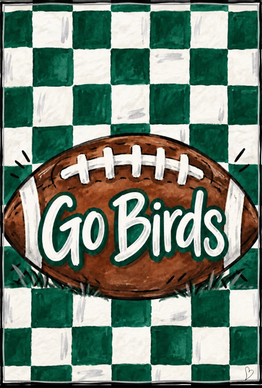 SPRINKLED WITH HEARTS GREEN AND WHITE WITH FOOTBALL GO BIRDS