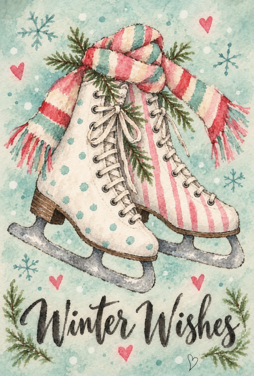 SPRINKLED WITH HEARTS ICE SKATES WITH PINK BLUE AND RED SCARF WINTER WISHES