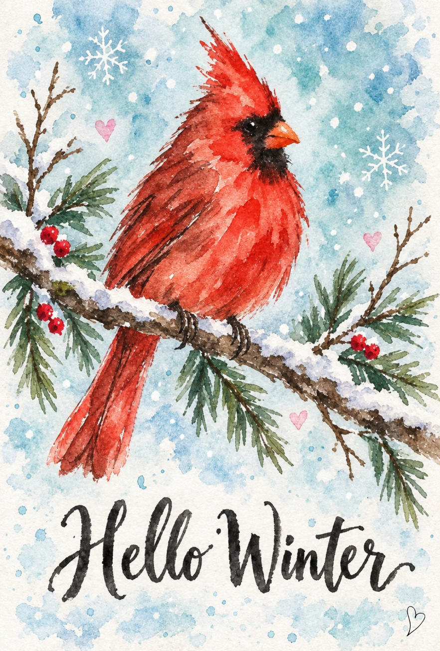 SPRINKLED WITH HEARTS CARDINAL ON A BRANCH HELLO WINTER