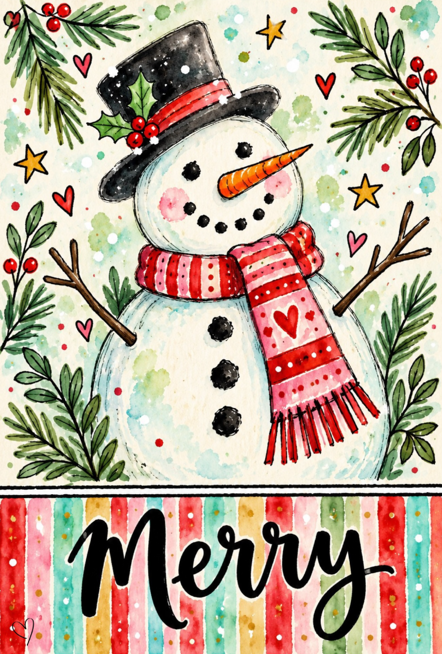 SPRINKLED WITH HEARTS SNOWMAN WITH RED SCARF MERRY