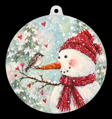 SPRINKLED WITH HEARTS SNOWMAN WITH RED HAT AND SCARF  BIRD ON THE CARROT NOSE