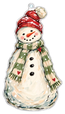 SPRINKLED WITH HEARTS SNOWMAN WITH HEAD TILTED RED HAT GREEN AND CREAM SCARF RED HEART