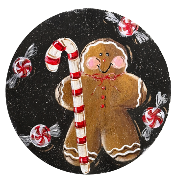 SPRINKLED WITH HEARTS CIRCLE GINGERBREAD MAN WITH CANDY CANE