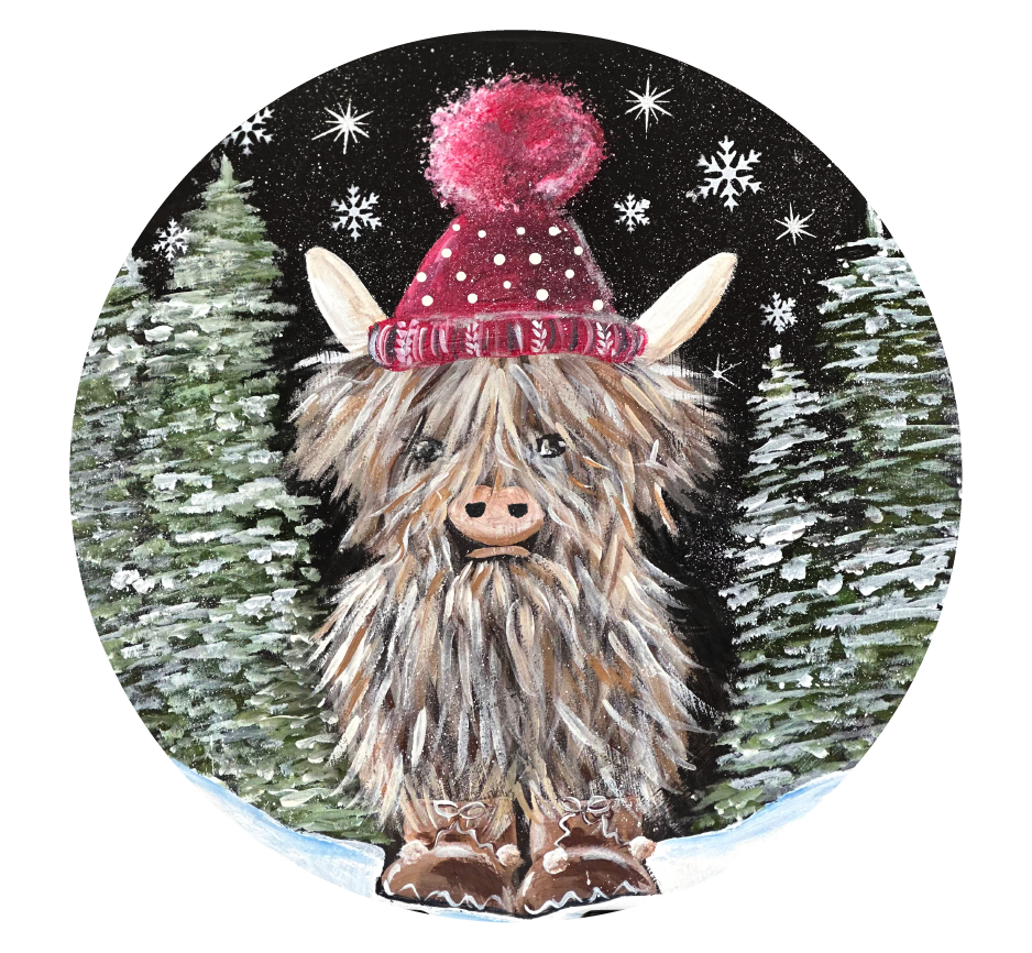 SPRINKLED WITH HEARTS CIRCLE HIGHLAND COW WITH RED HAT