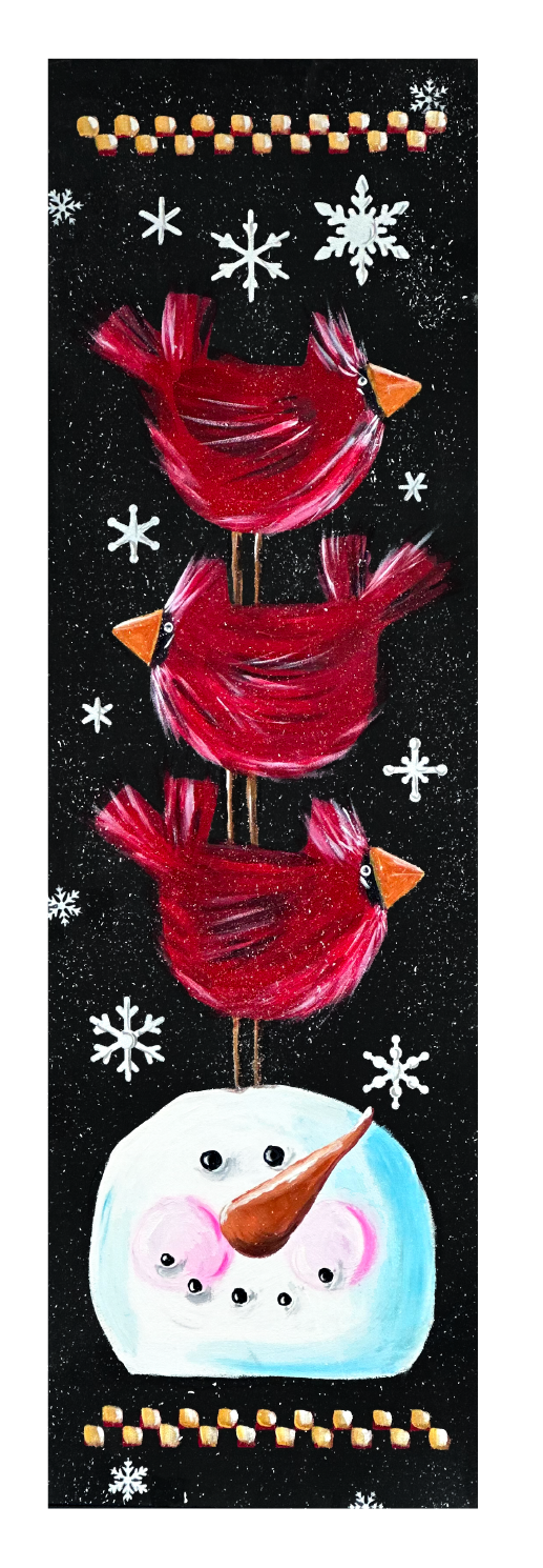 SPRINKLED WITH HEARTS RECTANGLE SNOWMAN HEAD WITH 3 REDBIRDS