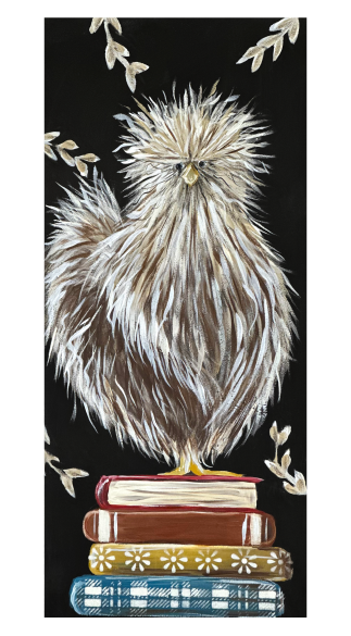 SPRINKLED WITH HEARTS CHICKEN STANDING ON BOOKS