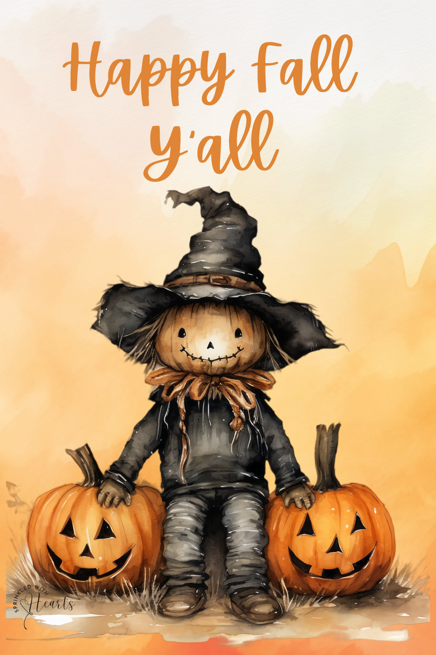 SPRINKLED WITH HEARTS HAPPY FALL Y'ALL SCARECROW WITH 2 JACK-O-LANTERNS