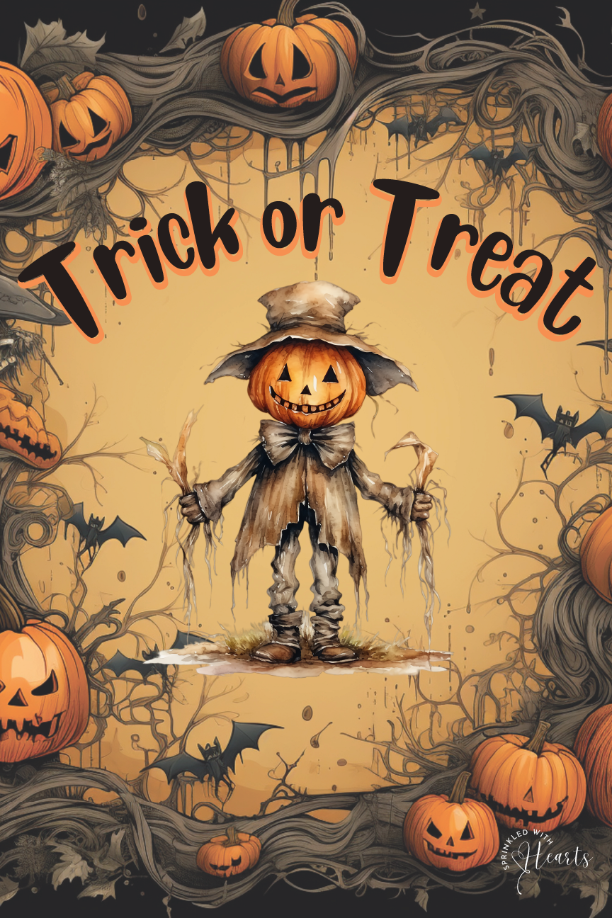 SPRINKLED WITH HEARTS TRICK OR TREAT SCARECROW