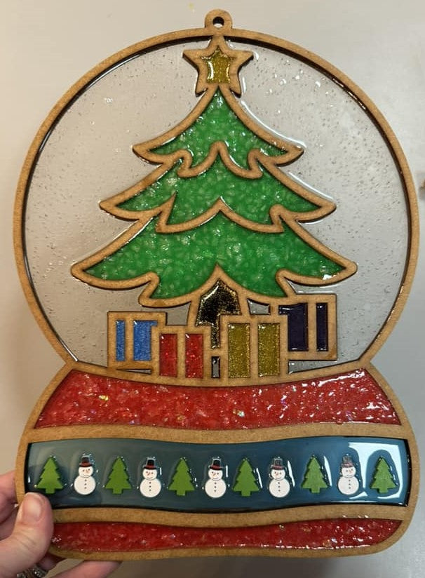 Faux Stained Glass Laser Cut MDF Cutout Snow Globe Christmas Tree Inside - Unfinished For DIY