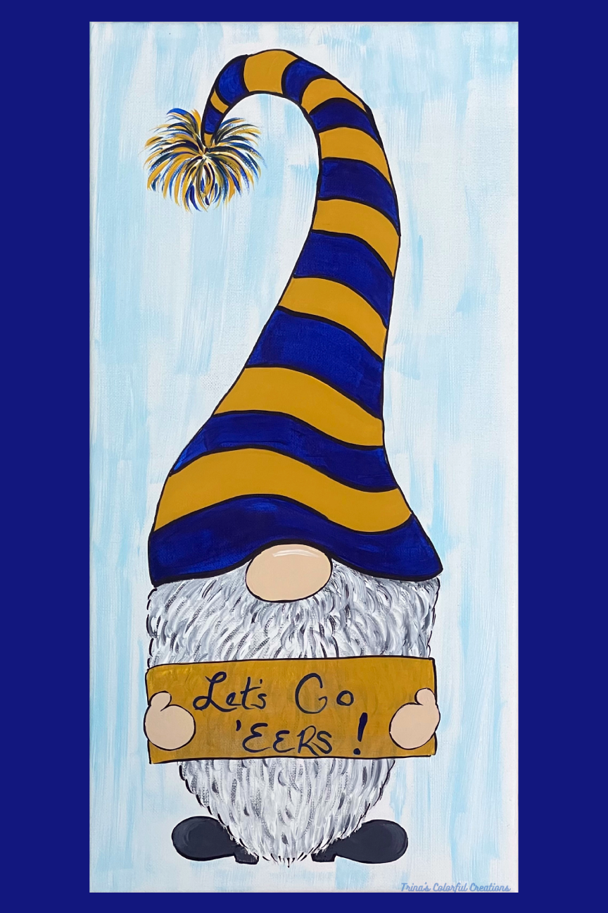 TRINA'S COLORFUL CREATIONS BLUE BORDER WITH GNOME AND BLUE AND GOLD HAT LETS GO EERS