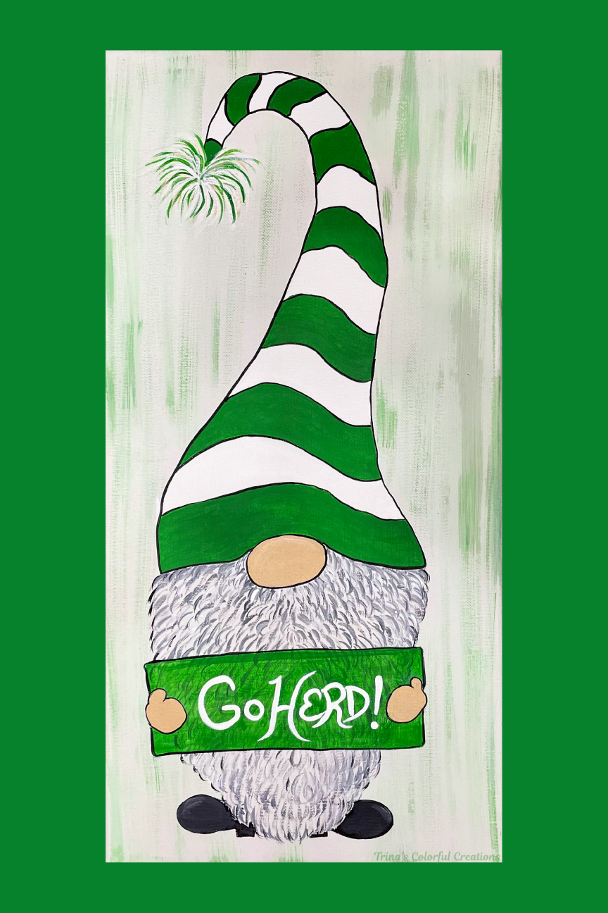 TRINA'S COLORFUL CREATIONS GREEN BORDER WITH GNOME AND GREEN AND WHITE HAT GO HERD