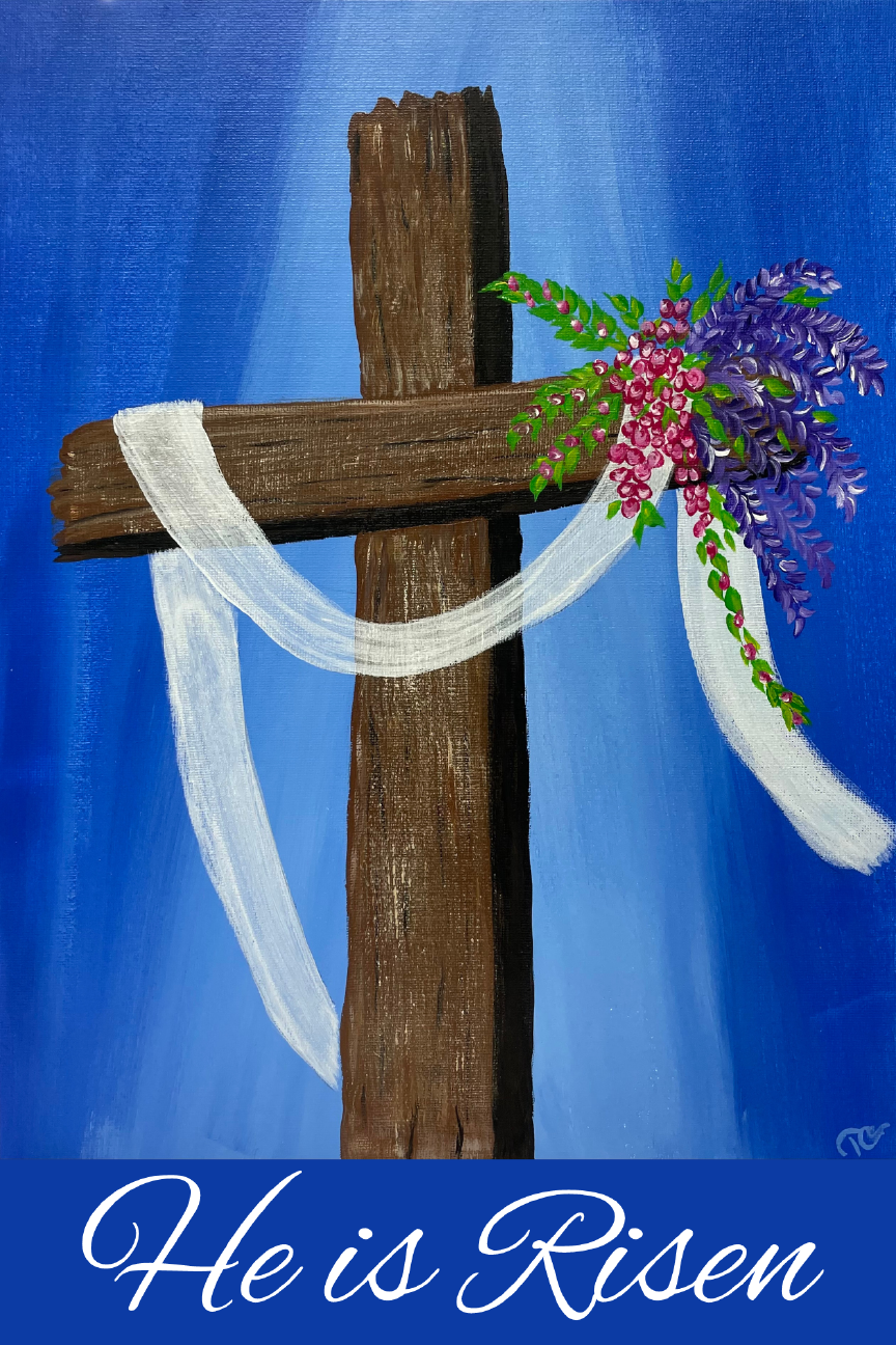 TRINA'S COLORFUL CREATIONS BLUE BACKGROUND WITH CROSS HE IS RISEN