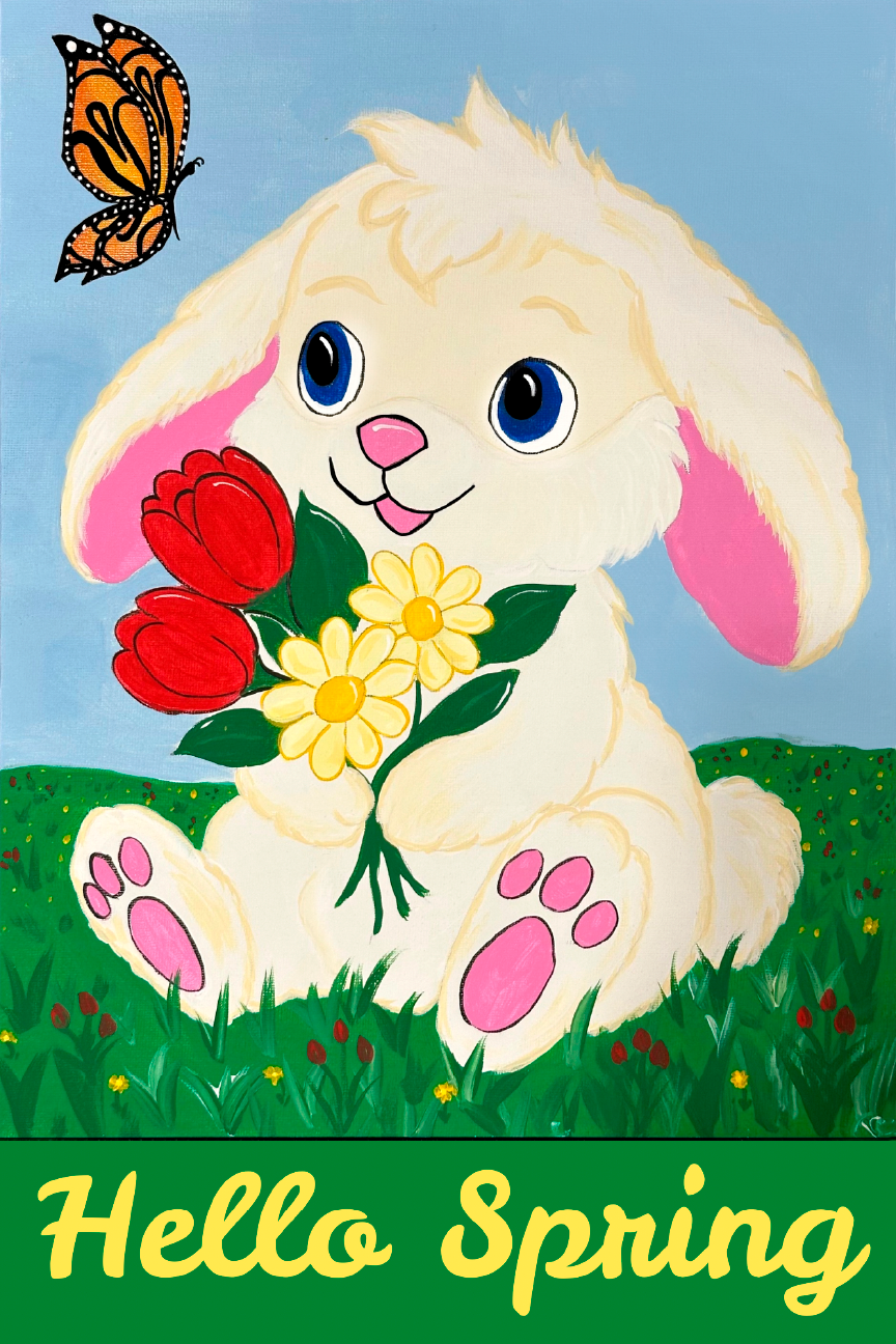 TRINA'S COLORFUL CREATIONS WHITE BUNNY WITH RED ROSES YELLOW DAISIES HELLO SPRING