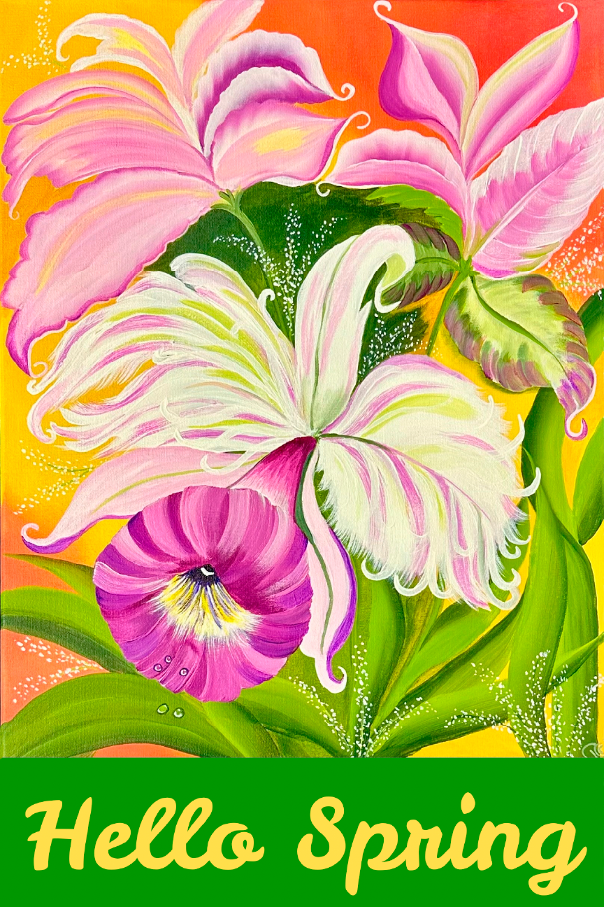 TRINA'S COLORFUL CREATIONS PURPLE FLOWERS YELLOW HELLO SPRING