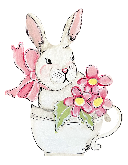THE HAPPY BUTTERFLY RABBIT IN TEA CUP WITH FLOWERS