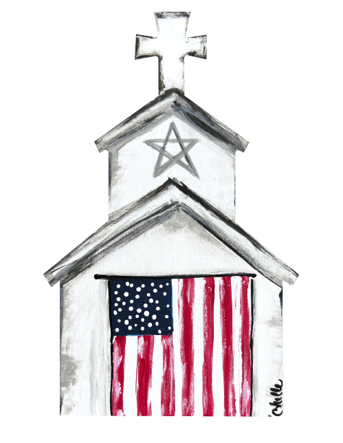 THE HAPPY BUTTERFLY CHURCH WITH AMERICAN FLAG