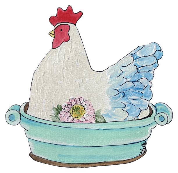 THE HAPPY BUTTERFLY CHICKEN SITTING IN A BUCKET