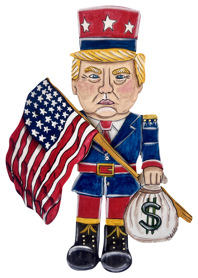 THE HAPPY BUTTERFLY TRUMP WITH FLAG AND BAG OF MONEY