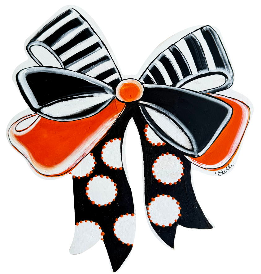 THE HAPPY BUTTERFLY BLACK ORANGE BOW WITH WHITE STRIPES AND DOTS