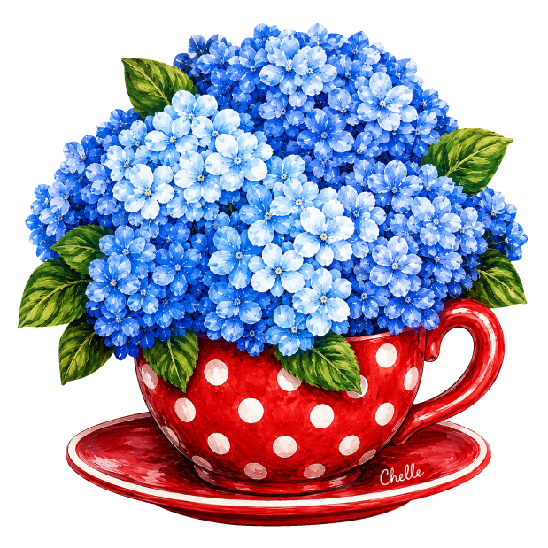 THE HAPPY BUTTERFLY BLUE HYDRANGEAS INSIDE BRIGHT RED POLKA-DOT TRECUP WITH SAUCER