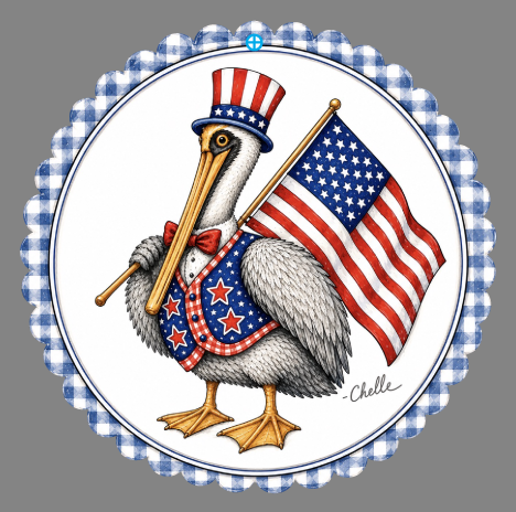 THE HAPPY BUTTERFLY PELICAN WITH AMERICAN FLAG HAT AND VEST