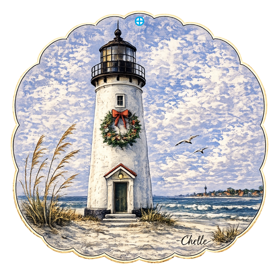 THE HAPPY BUTTERFLY WHITE LIGHTHOUSE WITH CHRISTMAS WREATH