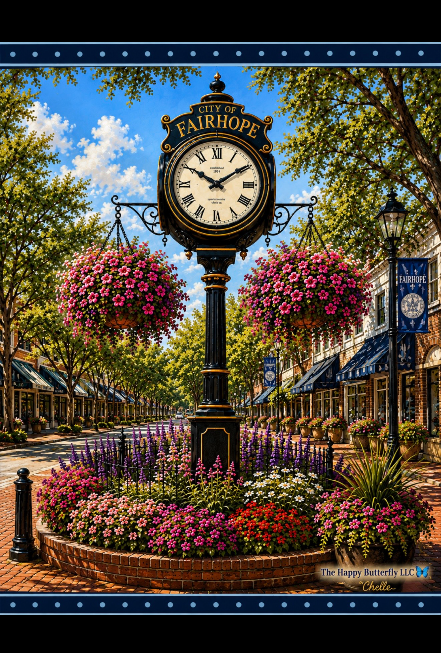 THE HAPPY BUTTERFLY CLOCK IN THE MIDDLE OF A TOWN SQUARE