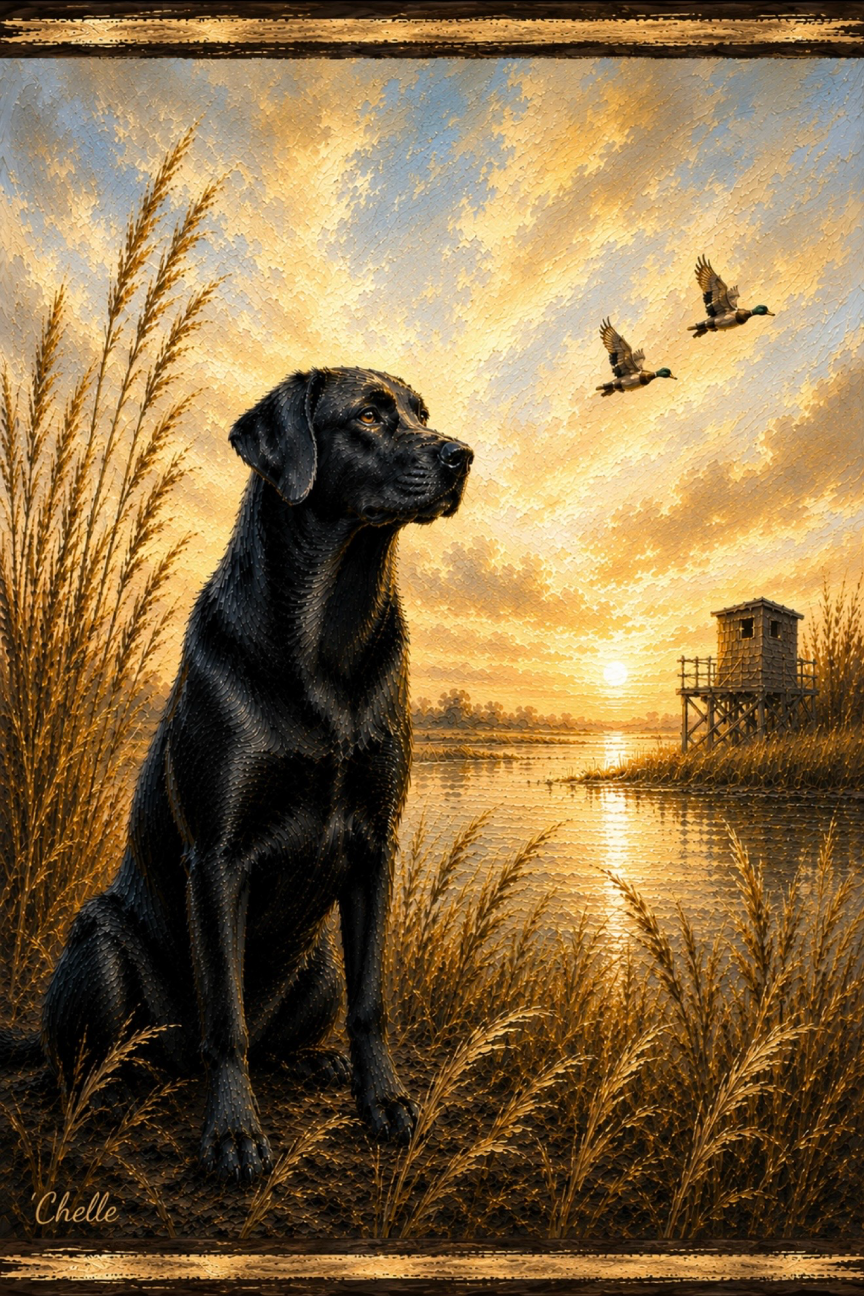 THE HAPPY BUTTERFLY BLACK LAB SITTING ON THE SIDE OF A LAKE WITH DUCKS FLYING