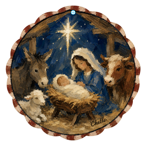 THE HAPPY BUTTERFLY NATIVITY SCENE WITH BROWNISH AND WHITE BORDER