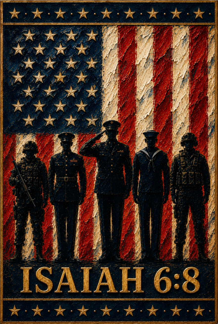 THE HAPPY BUTTERFLY USA FLAG WITH SOLIDERS STANDING ISAIAH 6:8