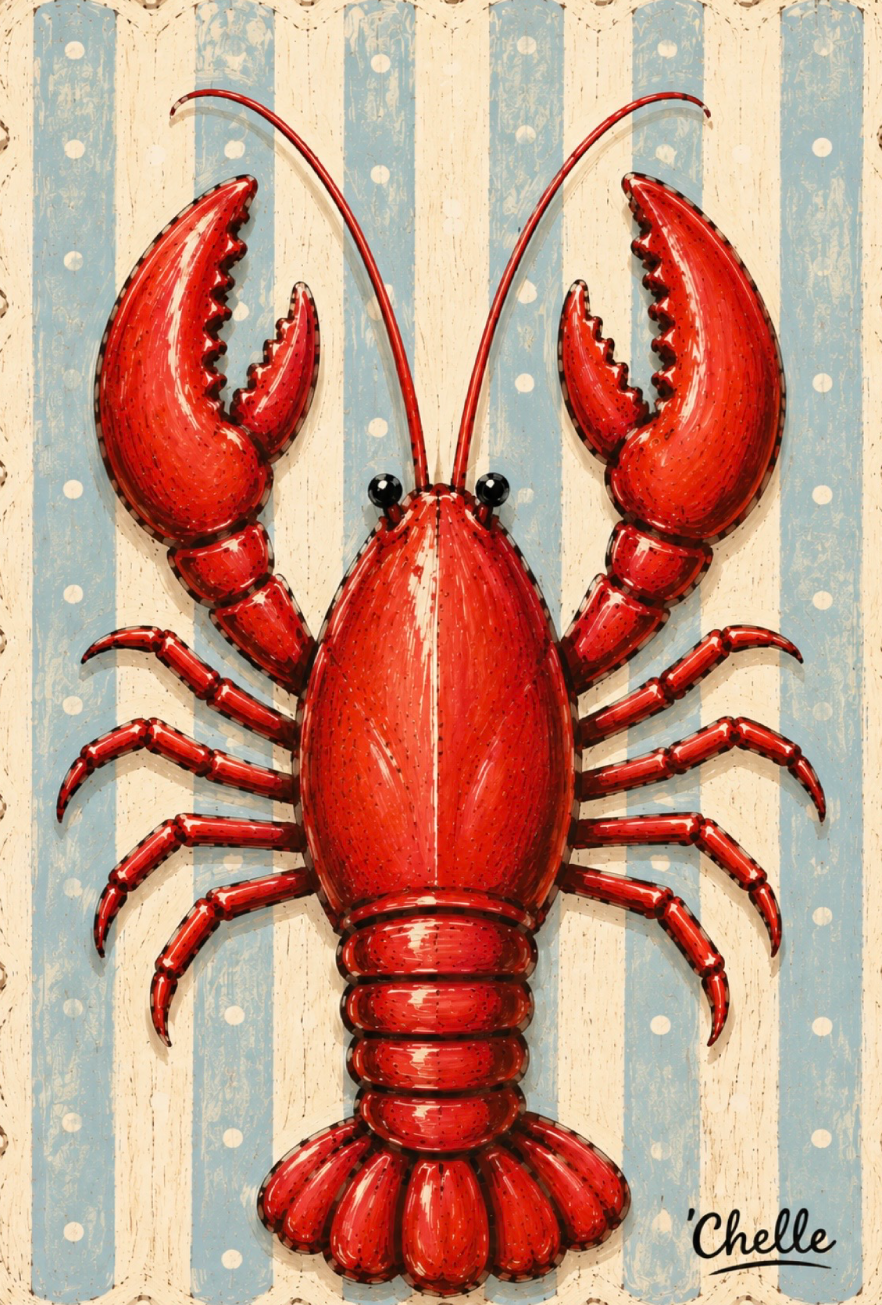 THE HAPPY BUTTERFLY  LIGHT BLUE STIRPES CREAM STRIPES AND RED CRAWFISH